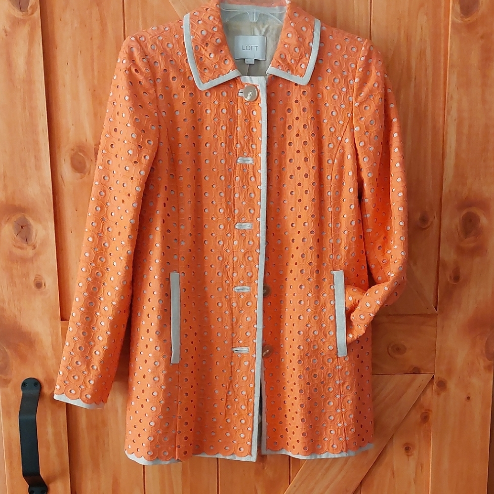 LOFT Women's Tangerine Colored Eyelet Swing Pea Coat with Cream Trim